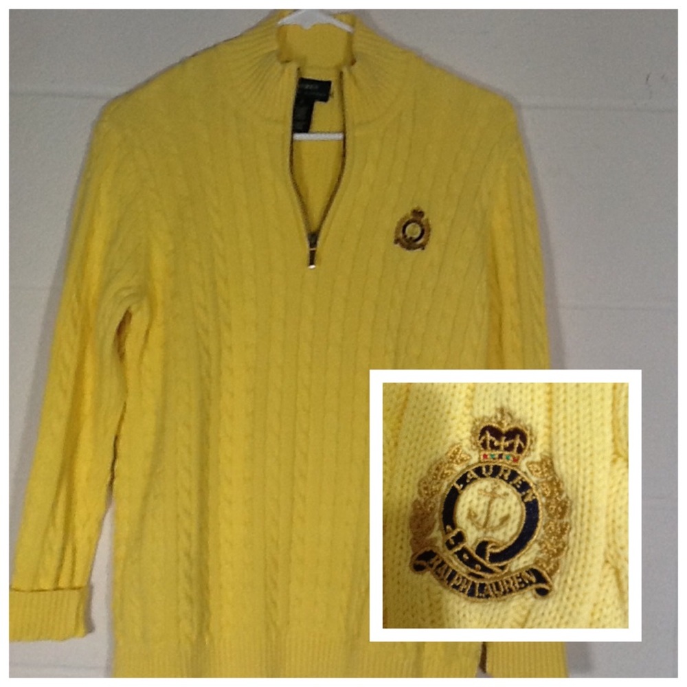 Ralph Lauren Yellow 1/4 Zip‎ Cable Knit Logo 100% Cotton Sweater Nautical Small